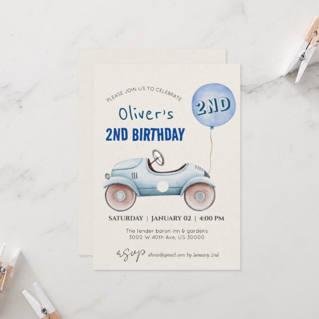 Invitación Segundo cumpleaños del chico del tema del automóvi (Anverso/Reverso In Situ)