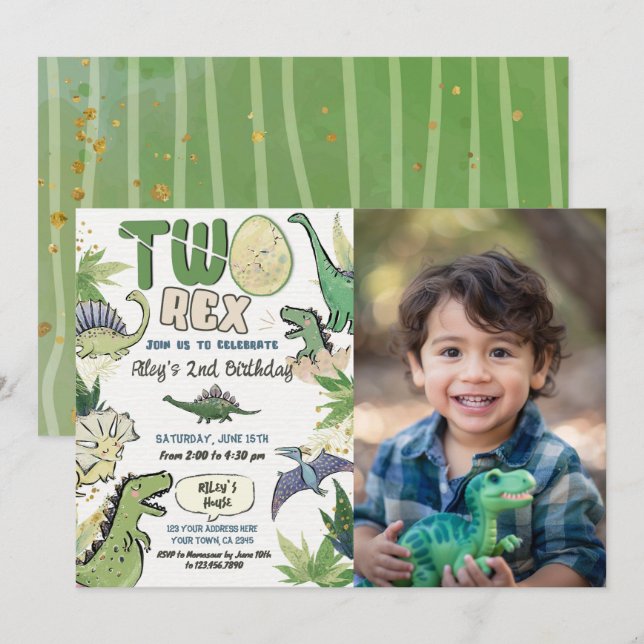 Invitación Segundo cumpleaños del Fiesta Temático de Dinosaur (Anverso / Reverso)