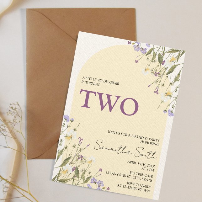 Invitación Segundo cumpleaños del pequeño Chica estético de f (Little wildflower is turning two, 2nd birthday girl invitation)