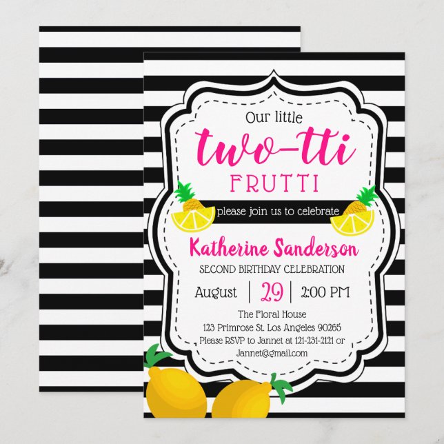 Invitación Segundo cumpleaños dos dulces Twotti Frutti Tropic (Anverso / Reverso)