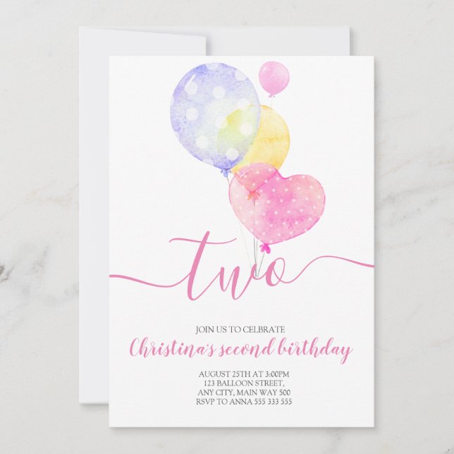 Invitación Segundo cumpleaños, dos segundo cumpleaños, Chica  (Anverso)