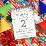 Invitación Segundo cumpleaños, Fiesta arcoiris, segundo cumpl<br><div class="desc">¡Invitaciones a la fiesta de segundo cumpleaños / segundo cumpleaños del arcoiris! Con los detalles del fiesta de su hijo y un "2" en confetti,  con círculos de confetti de colores como el arcoiris divertidos rociando desde la parte superior de estas lindas invitaciones.</div>