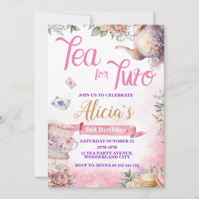 Invitación Segundo cumpleaños, Fiesta de té, Fiesta de tiempo (Anverso)
