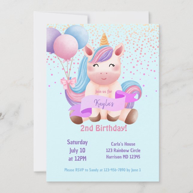 Invitación Segundo cumpleaños mágico de Rainbow Unicorn (Anverso)