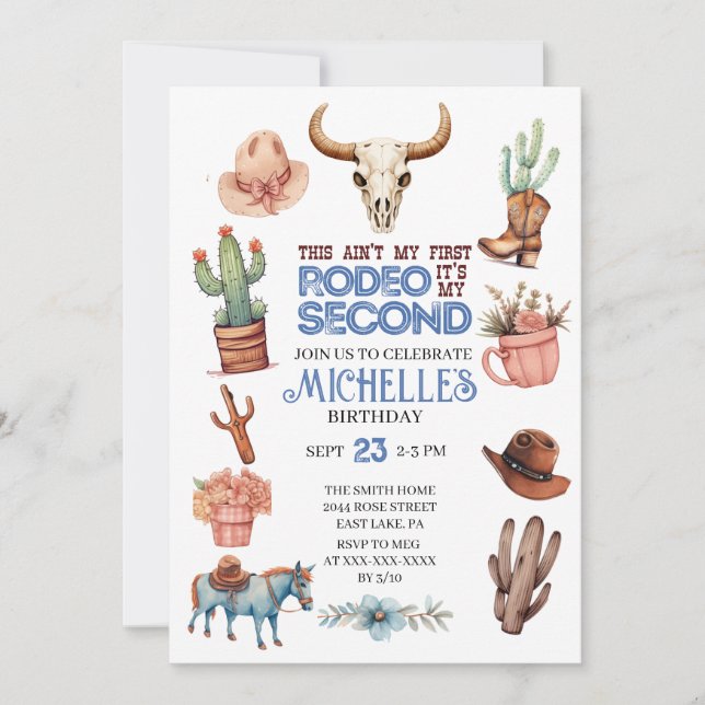 Invitación Segundo cumpleaños occidental de Rodeo Cowgirl Boy (Anverso)