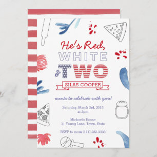 Invitación Segundo cumpleaños Pizza Fiesta Blanco Rojo y Azul
