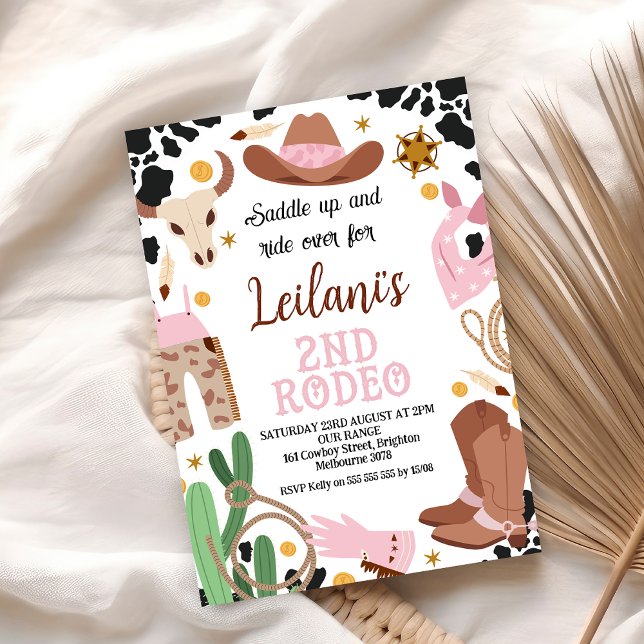 Invitación Segundo cumpleaños rodeo del Oeste salvaje del Oes (2nd Rodeo Cowgirl Birthday Party Invitation Wild West Cowgirl Second Rodeo Invite Editable Template)