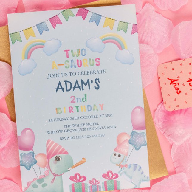 Invitación Segundo dinosaurio azul de cumpleaños del arcoiris (Subido por el creador)