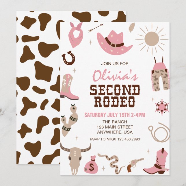Invitación Segundo Rodeo Cumpleaños 2 Pink Western (Anverso / Reverso)