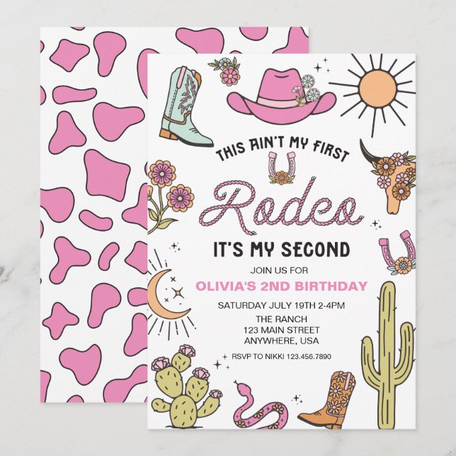 Invitación Segundo Rodeo Cumpleaños Western Rosa 2 (Anverso / Reverso)