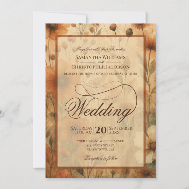 Invitación Seinna Boho Flores Silvestres Bodas con letra scri (Anverso)