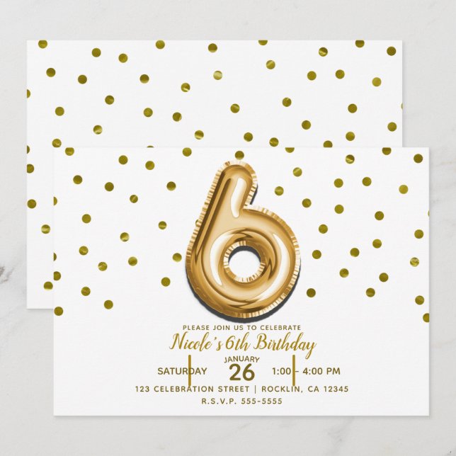 Invitación SEIS 6 Globo Dorado y Confeti Fiesta de Cumpleaños (Anverso / Reverso)