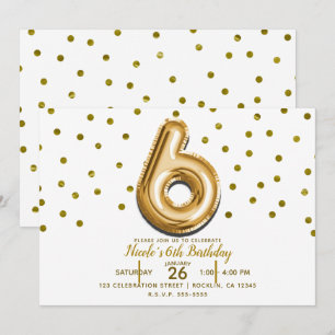 Invitación SEIS 6 Globo Dorado y Confeti Fiesta de Cumpleaños