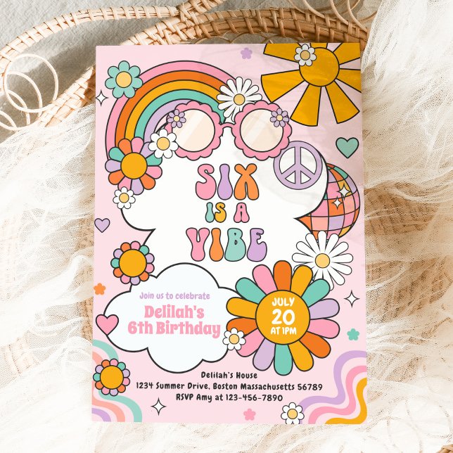 Invitación Seis es el cumpleaños de la flor Vibe Groovy 70 (Subido por el creador)