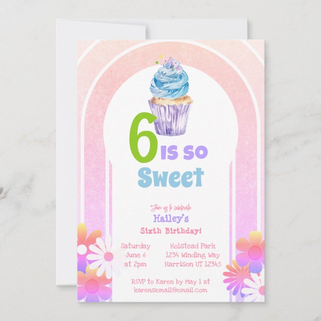 Invitación Seis es pastel de arcoiris dulce sexto cumpleaños (Anverso)