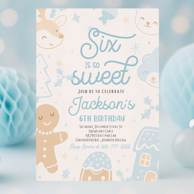 Invitación Seis Es Tan Dulce Navidades Cookie Cumpleaños Part (Six Is So Sweet boy Christmas cookie birthday party with festive holiday décor, colorful cookies, an)