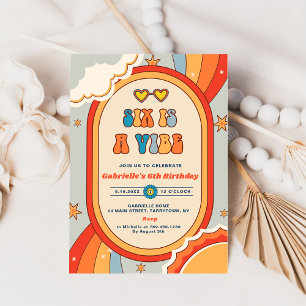 Invitación Seis es un arco iris retro de Vibe Groovy 6º cumpl