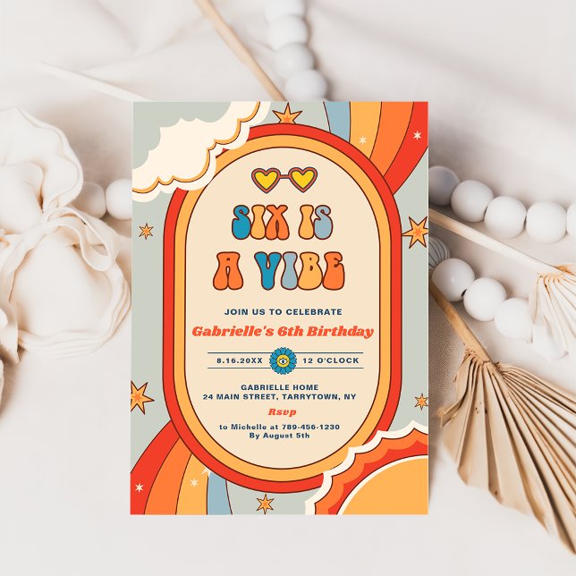 Invitación Seis es un arco iris retro de Vibe Groovy 6º cumpl (Subido por el creador)
