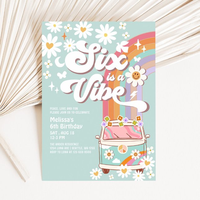 Invitación SEIS es un Vibe Daisy Rainbow Groovy 6º cumpleaños (Subido por el creador)