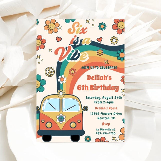 Invitación Seis es un Vibe Groovy Floral Retro 6º cumpleaños (Subido por el creador)