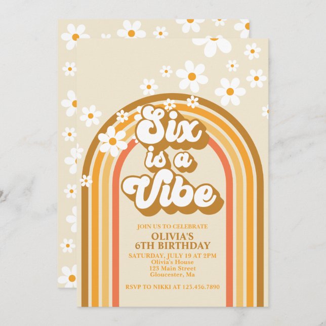 Invitación Seis es un Vibe Retro Arcoiris 6º cumpleaños (Anverso / Reverso)