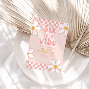 Invitación Seis es un Vibe Retro Check Pink Daisy