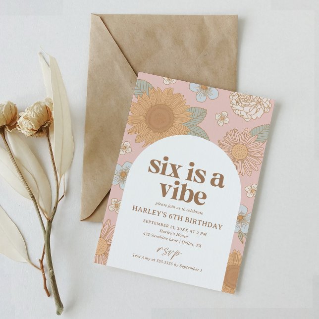 Invitación Seis es un Vibe Retro Floral 6º cumpleaños (Subido por el creador)