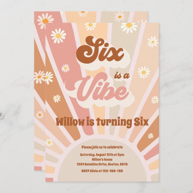 Invitación Seis es una fiesta de cumpleaños de Vibe Boho Suns (Anverso / Reverso)