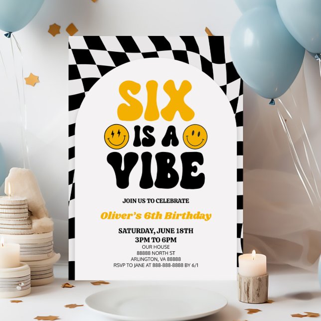 Invitación Seis es una Vibe Retro Primera Fiesta de Cumpleaño (Subido por el creador)