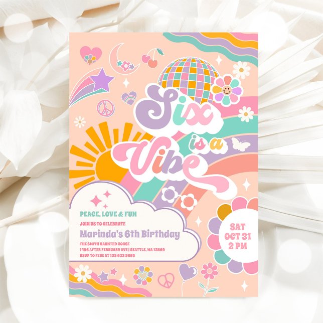 Invitación Seis Es Una Vibra Arcoíris Disco Cumpleaños 6 (Subido por el creador)