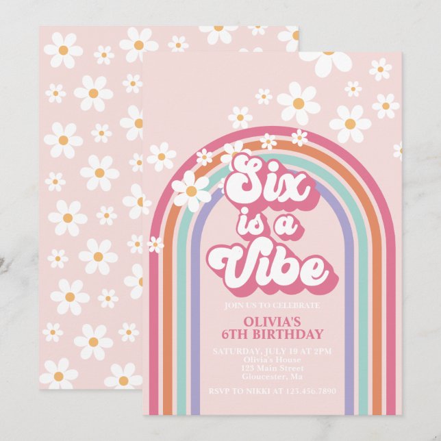 Invitación Seis es una Vibra Cumpleaños 6 Rainbow (Anverso / Reverso)