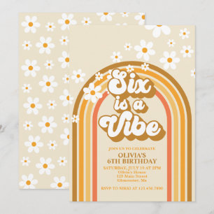 Invitación Seis es una Vibra Cumpleaños 6 Retro Arcoíris Groo