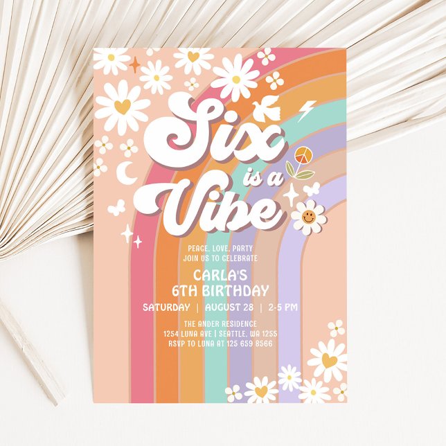 Invitación Seis es una Vibra Daisy Arcoíris Groovy Cumpleaños (Subido por el creador)
