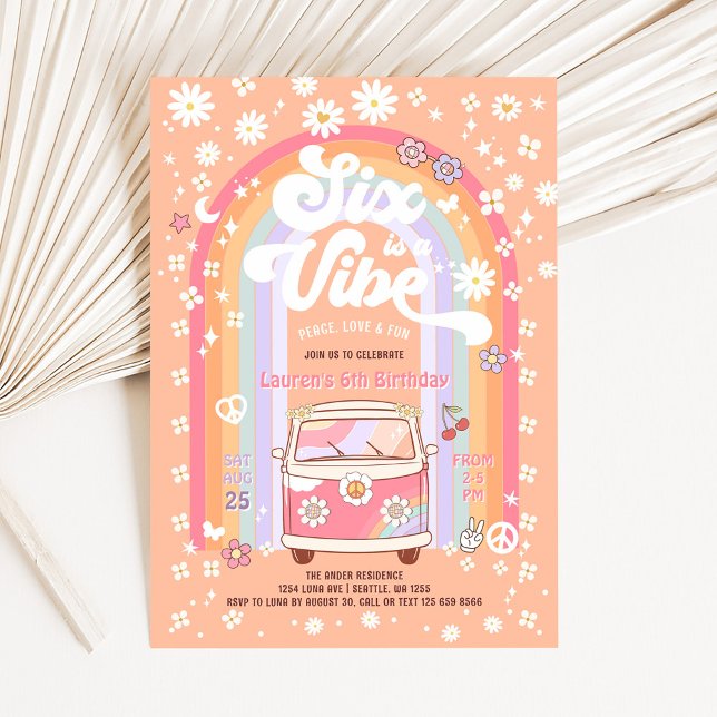 Invitación SEIS es una Vibra Daisy Groovy Hippie 6 Cumpleaños (Subido por el creador)