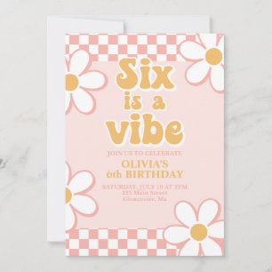 Invitación Seis es una Vibra Retro Check Rosa Margarita