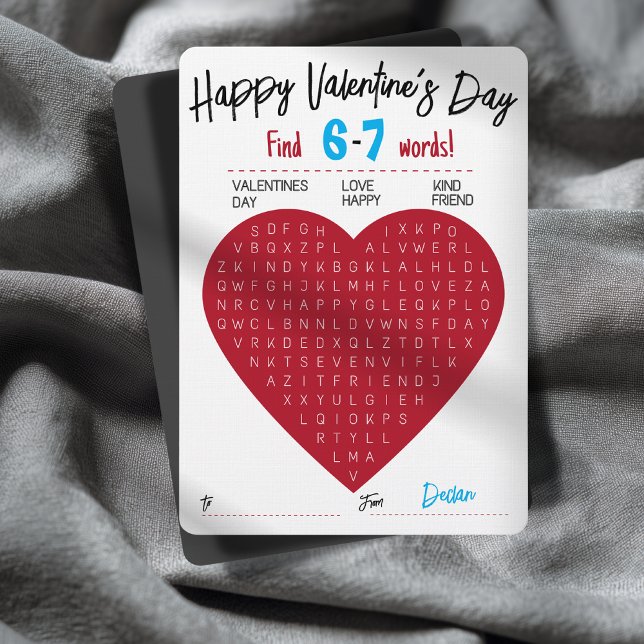 Invitación Seis Siete Búsqueda de palabras del día de San Val (Fun Valentine Word Search Card Customizable Name 6-7 Trendy Classroom Activity)