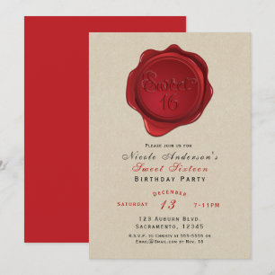 Invitación Sello de Cera Roja Dulces 16 Fiesta de Cumpleaños 