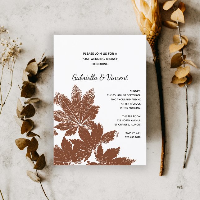 Invitación Sello de Hoja de Otoño Marrón Desayuno Post Boda (Fall in Love with this natural woodsy wedding brunch invitation.)
