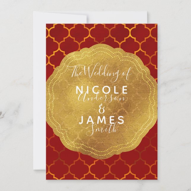Invitación Sello de Oro Hojuela Fuego Rojo Boda Marroquí Indi (Anverso)