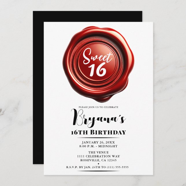 Invitación Sello de Wax Candle Rojo Elegante dulce de 16 fies (Anverso / Reverso)