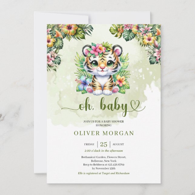 Invitación Selva acuarela cutáneo tigre bebé flores tropicale (Anverso)