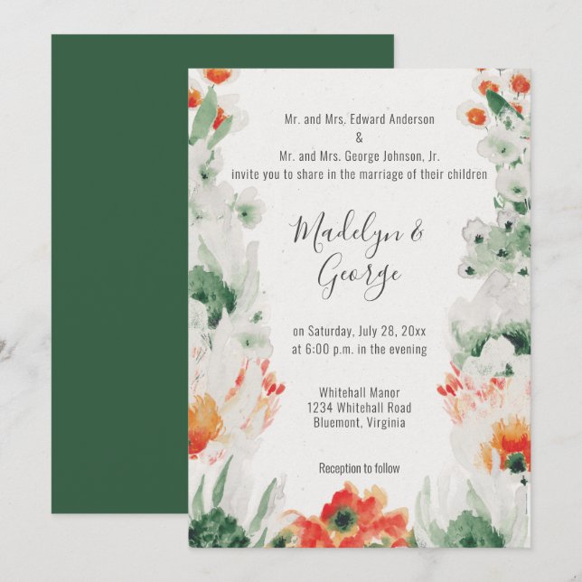 Invitación Selva acuarela Verde, Naranja, Boda blanco (Anverso / Reverso)
