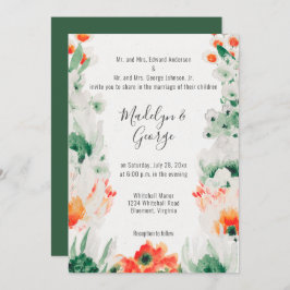 Invitación Selva acuarela Verde, Naranja, Boda blanco