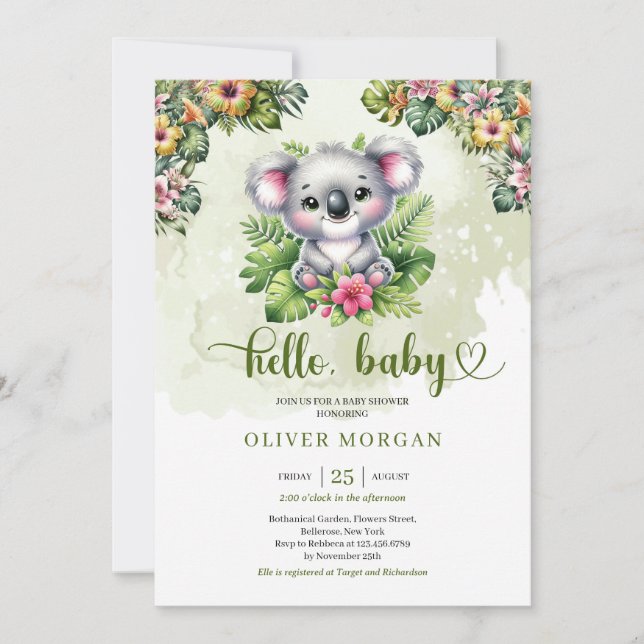 Invitación Selva acuática cutánea bebé koala flores tropicale (Anverso)