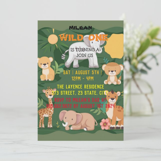 Invitación Selva animal de la jungla Un niño primer cumpleaño (Anverso de pie)