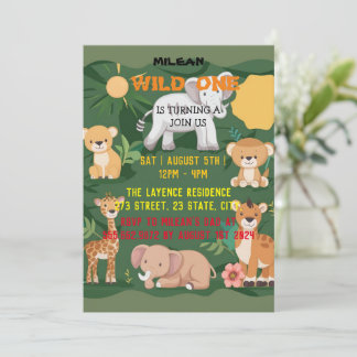 Invitación Selva animal de la jungla Un niño primer cumpleaño