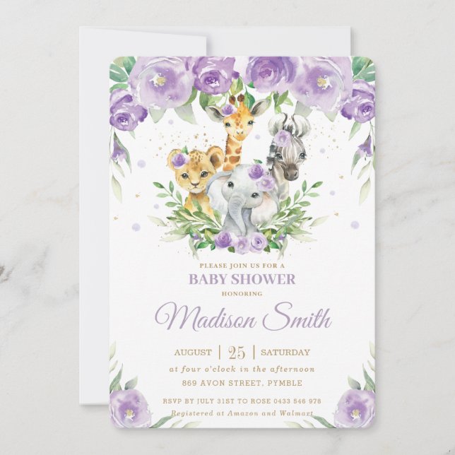 Invitación Selva Animal Safari Purple Floral Baby Shower (Anverso)