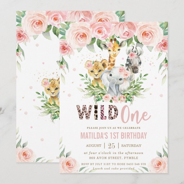 Invitación Selva Animal Safari Rubor Floral Primer cumpleaños (Anverso / Reverso)