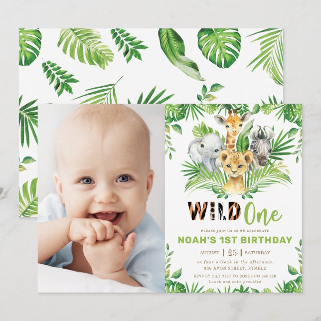 Invitación Selva de animales de Safari verde 1er cumpleaños f (Anverso / Reverso)