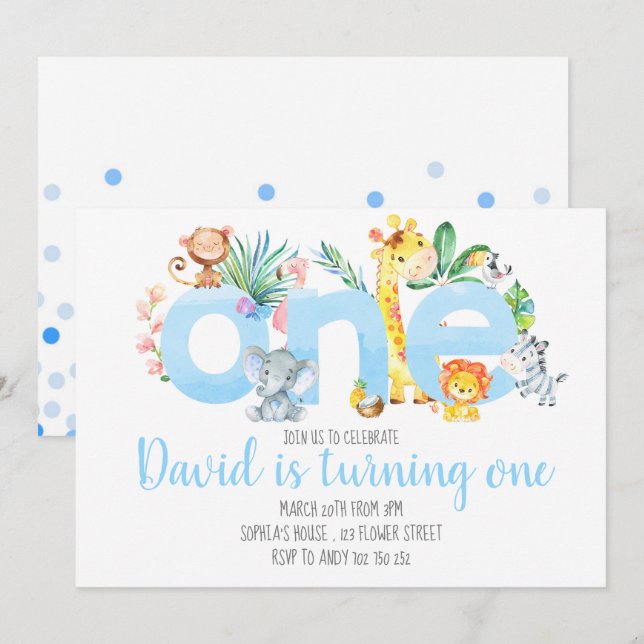 Invitación Selva de animales Safari Boy Blue Cute Primer cump (Anverso / Reverso)